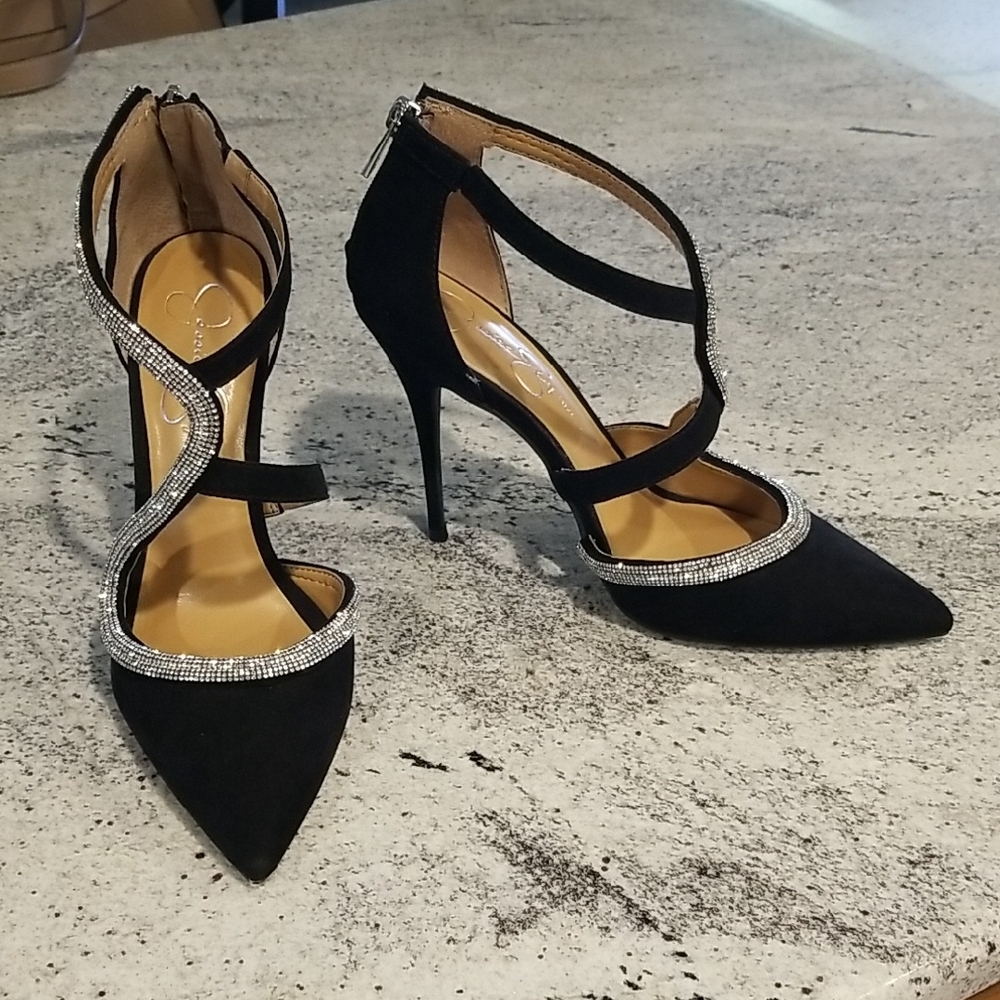 Jessica Simpson Black Crystal-Trim Strappy Pointed-Toe Stiletto Heels